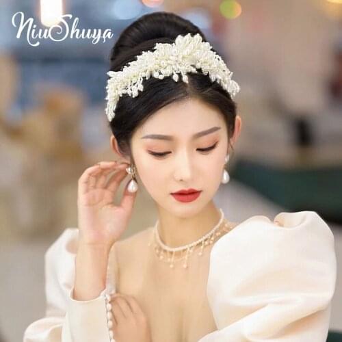 NiuShuya Handmade White Flower Pearl Hairband Women Lace Headpiece Wedding Bride Hairwear Hair Accessories