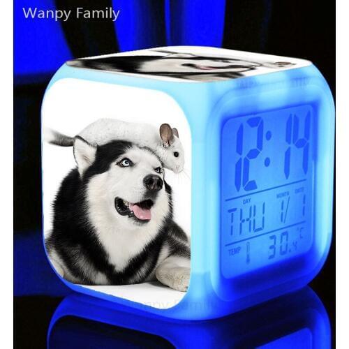 Very Cute Husky Dog LED Alarm Clock 7 Color Glowing Multifunction Digital Alarm Clock Kids room Desktop Electronic Clock Watches