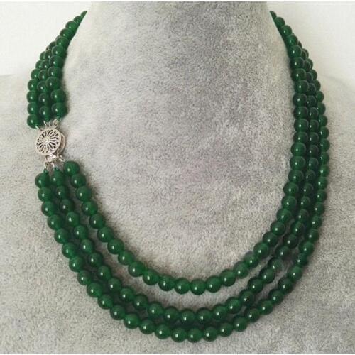 3Rows 8mm Natural Green Round Beads Necklace 17-19"