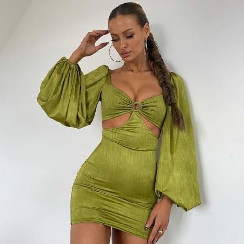 Hirigin Puff Sleeve Bodycon Sexy Mini Dress Party Evening Autumn Hollow Out Wrap Short Dress Women Solid Fashion Streetwear