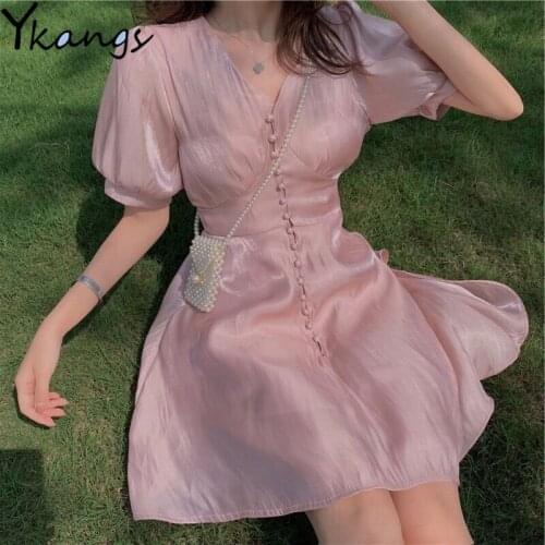 Kawaii Sweet V-Neck Casual Elegant Dresses Women Harajuku Korean Puff Sleeve Sexy Dress Aesthetic Cute Girls Lolita Dress Female