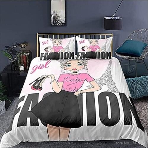 Cute Cartoon High Heels Fashion Girl Print Duvet Cover Set Queen King Size Bedding Set Quilt Cover & Pillowcase for Kids Girls