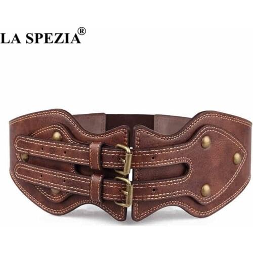 Womens Wide Waist Belt Leather Punk Rivet Female Belts Cummerbunds Brown Ladies Elastic Corset