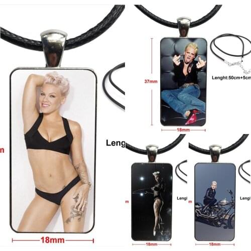 Pink P!nk Hot Singer For Women Kids Necklace With Steel Plated Glass Cabochon Choker Long Pendant Rectangle Necklace