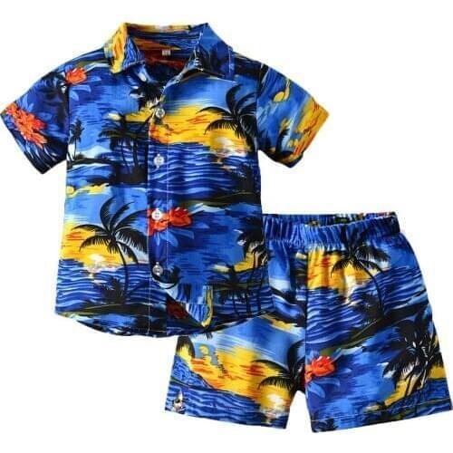 Summer Boys Shirt Shorts Set Toddlers Creative Coconut Tree Printing Short Sleeve Lapel Top + Casual Short Trousers