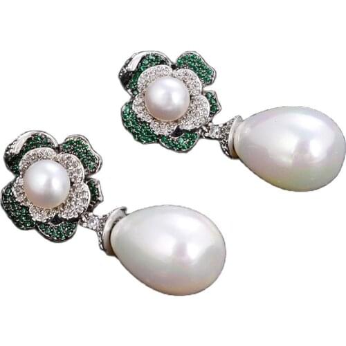 JK White Teardrop Sea Shell Pearl Green Cz Pave Flower Stud Earrings