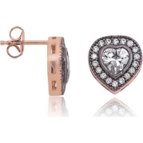 Tevuli 925 Sterling Silver Diamond Montür Heart Studded Earrings