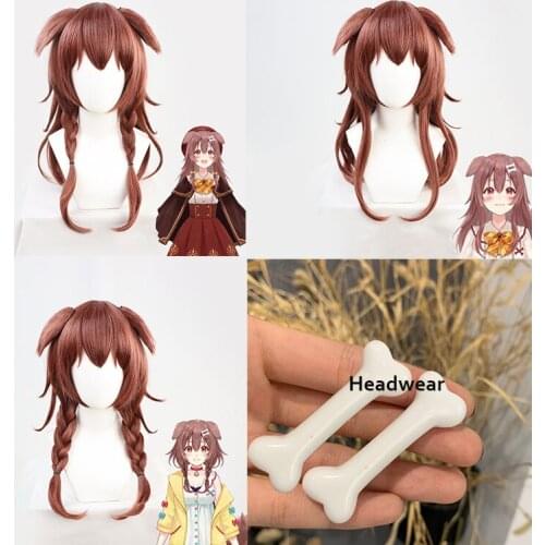 VTuber Inugami Korone Cosplay Wig Hololive Gamers Girl Ears Long Wavy Braided Hair Brown Braids Synthetic Hair Wig Cap Headwear