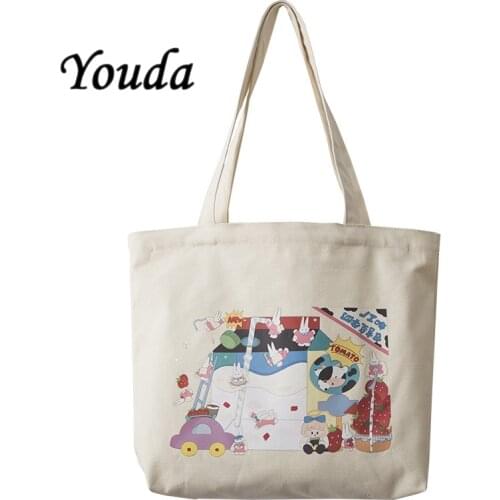 Youda Cute Womens 2021 New Student Book Shopping Bags Cartoon Canvas Bag Female Large Capacity Simple Shoulder Handbags Girls