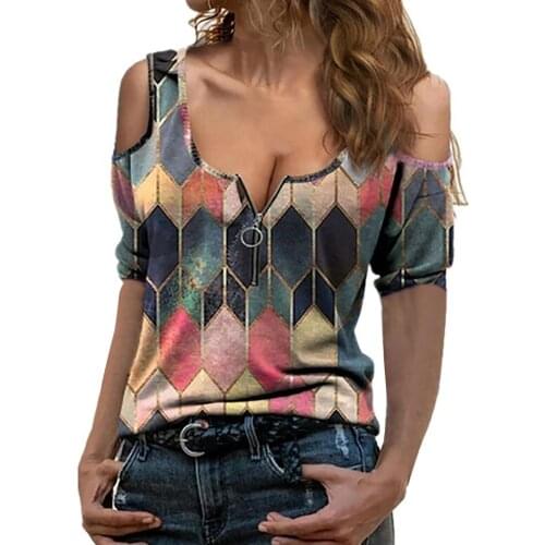 Women Summer Plaid Short Sleeve T-shirts Fashion V Neck Zipper Off Shoulder Tee Top Casual Print Hipster Streetwear Clothes 2021