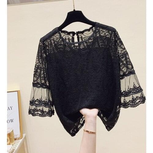 Embroidery Lace Hollow Out Black Women Blouse Summer New Design 2021 Flare Sleeved Elegant Office Lady Pulls Outwear Tops
