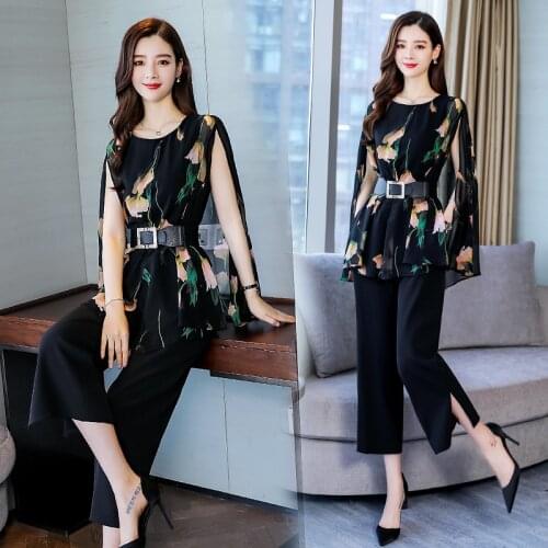 2021 New Fashion elegant 2 Pieces Suits Summer Women short sleeve floral coat blouse with vest and wide leg pants trousers Sets