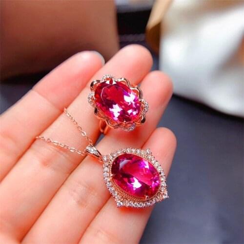 New Luxury High Quality Bridal Jewelry Sets Elegant Big Pink Crystal Jewelry Set Adjustable Open Rings Necklace Sets For Women