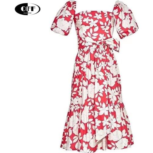 Designer Runway Summer Womens Dress Beach Boho Bow Puff Short Sleeve Elegant Flower Sexy Vacation Dresses Woman Clothes Vestido