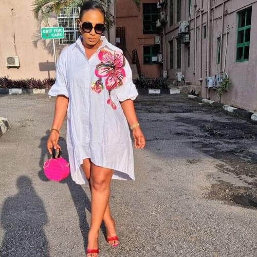 Sequin Embroidery Floral Cotton Shirt Dress Women Turn-down Collar Button Knee-length Midi Dress Elegant Loose Casual Dresses