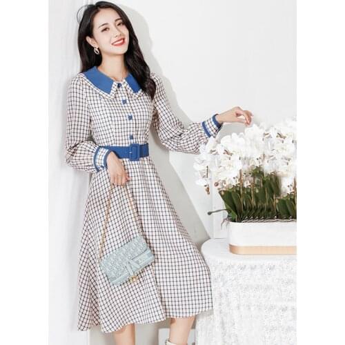 2021 New Arrival Women Long Sleeve Plaid Vestido Midi Ladies Dresses Retro Office Lady Sashes Peter Pan Collar Elegantes Dress