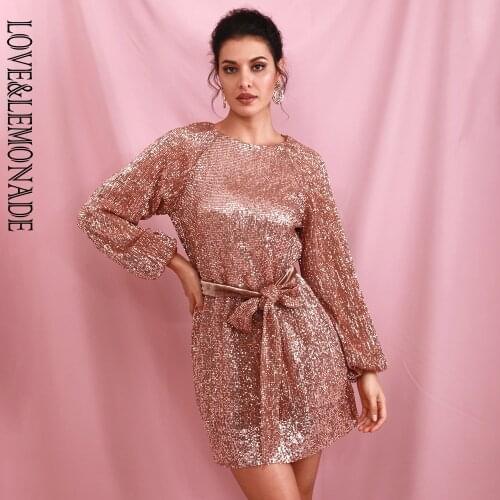 LOVE&LEMONADE Brown Loose Lantern Sleeve Pleated Sequins Mini Dress (With Belt) LM82165