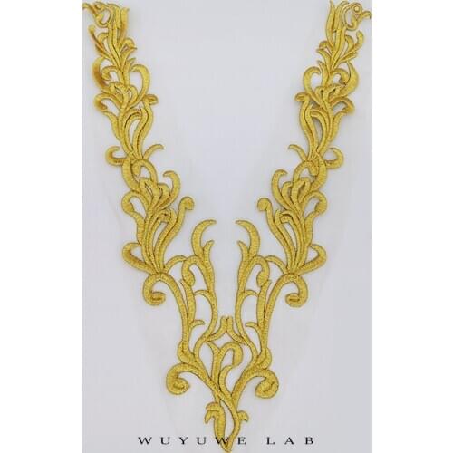 1pcs Gold Embroidered Mesh Lace Fabric Applique Trim Veil Diy Handmade Materials Wedding V-neck Dress Decoration Accessories