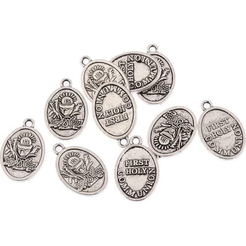 First holy communion oval Tibetan Silver Bead charms Pendants fit bracelet 10pcs 20*15mm