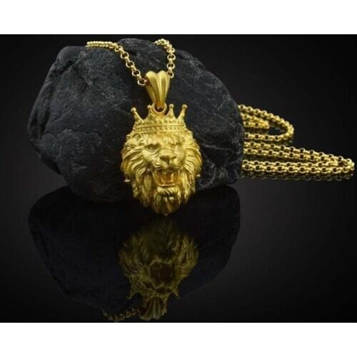 2020 Popular Crown Lion Head Hip Hop Necklace Mens Unisex Gold Plated Hiphop Animal Pendant Wholesale