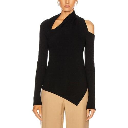 2021 New Irregular Hem Hollow Out For Female Knitted Sweater Skew Collar Long Sleeve Off Shoulde Womens Sexy Pullover 2020 Tide