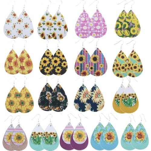 2021 Sunflower Print PU Leather Drop Earrings Dangle Drop Earrings Valentines Day Gift Love Fashion Jewelry Wholesale Party