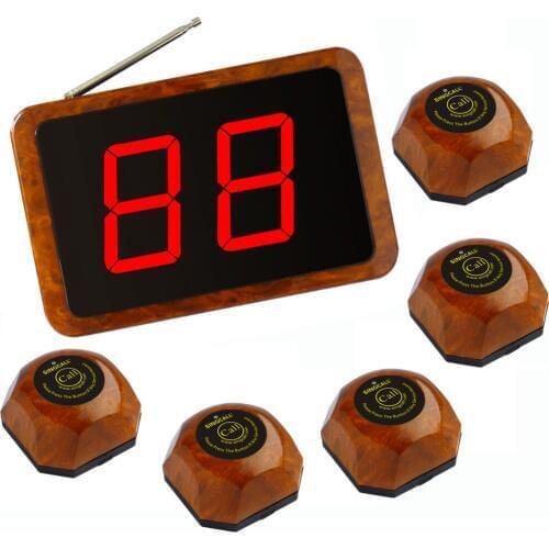 SINGCALL Wireless Calling System 1Pc APE1000 Fixed Receiver and 5Pcs APE560 Wooden Bells for Kitchen, Bar