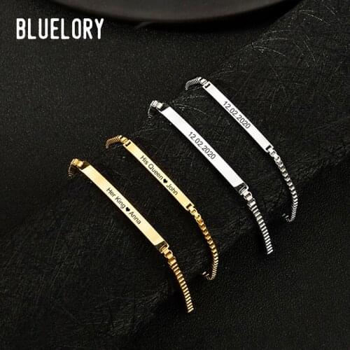 Bluelory Custom Names Bar Couple Box Bracelets 3mm Stainless Steel Engraved Name Date Words DIY Jewelry For Women Men Lovers