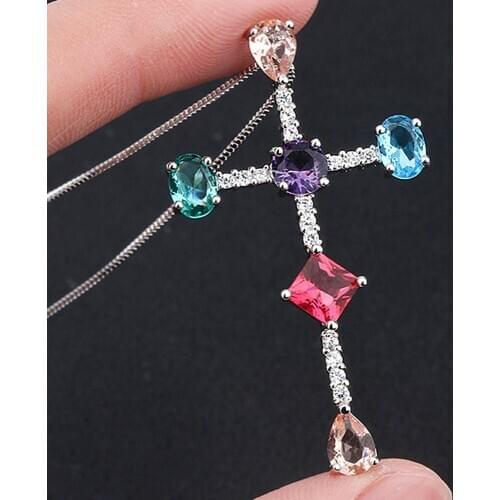 Fashion gemstones 5A zircon diamonds cross pendant necklaces for women colorful crystal white gold choker chain jewelry bijoux