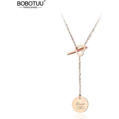 BOBOTUU Stainless Steel Love Heart Tag Pendant Necklaces Jewelry Trendy Rose Gold Chain Chokers Necklace For Women Girl BN19010