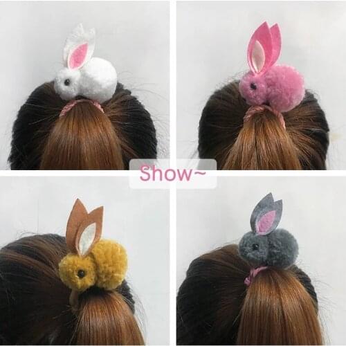 H:HYED Children Cute Animal Hair Ball Rabbit Hair Ring Girls Rubber Band Elastic Hair Band Korean Style Hairpin Hair Accessories
