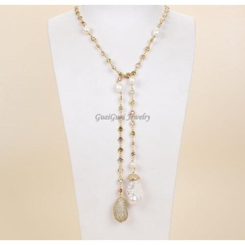 49" White Keshi Pearl multi color Cz Pave Chain Long Necklace