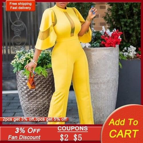 Elegant yellow women jumpsuits high waist african sexy mesh one piece rompers 2021 new fashion chic party work wear jumpsuits