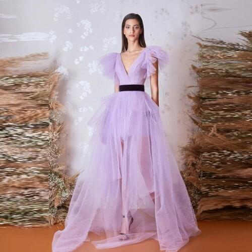 Violet Simple Casual Elegant Women Dress Deep V-Neck Tulle A-line Floor Length Party Dress Plus Size Prom Dress Custom Made