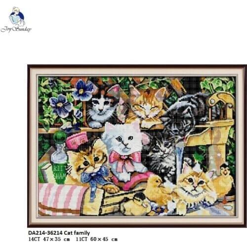 Joy Sunday Cat family Patterns Cross-stitch Kits Animal Style DMC 11CT and 14CT Printed Embroidery Set Wholesale DIY Hand Craft