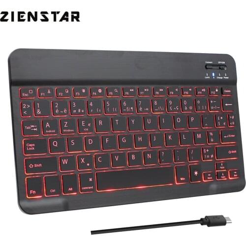 Zienstar 10inch Azerty French Rechargeable Aluminum Wireless Bluetooth Keyboard with 7 Color Backlight Lithium Battery
