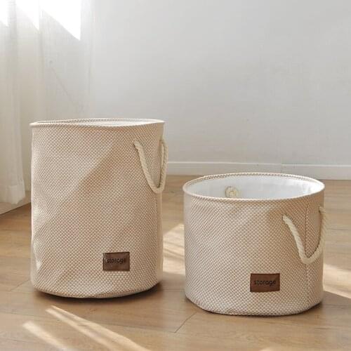 Japanese Style Cotton and Linen Fabric Circular Storage Bucket Laundry Basket with Fine Plaid Pattern and Canbe Bundle a Mouth