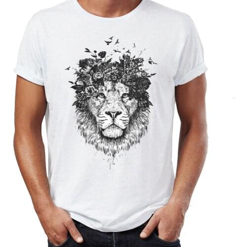 Summer Mens t-shirt Floral Nature Lion Awesome Black And White Drawing Artsy Animal Tshirt Tees Tops Harajuku Streetwear