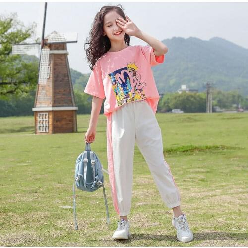 2021 Summer Kid Baby Girls Clothes Child Cartoon Short Tops T Shirt + Sports Pants Teenager Tracksuit 6 8 9 10 11 12 14 Year