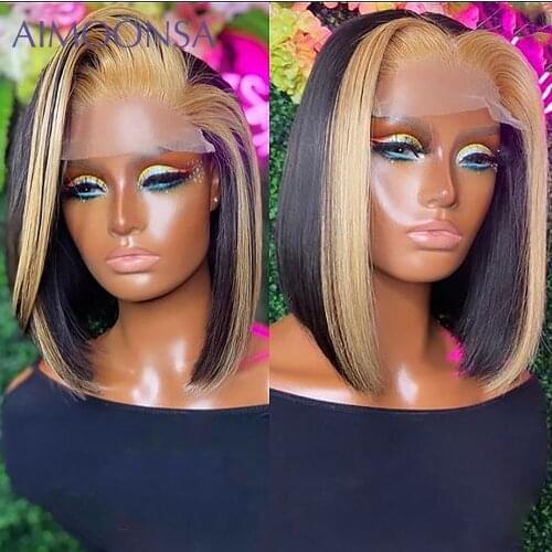 Honey Blonde Lace Front Wigs Bob Straight Blunt Cut Bob Wig Short Highlight Colored Human Hair Wigs For Black Women Pixie Cut