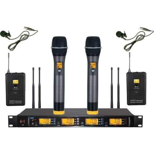 Microfono Inalambrico UHF 4X100 Channels Wireless Mic 2 Handheld & 2 Lavalier Microphone System