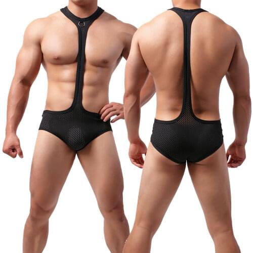 Men Sexy Bodysuit Mesh Wrestling Breathable Singlet Elastic Male Jockstrap Underwear Erotic Boxer One-Piece Mankini Mens Clothes