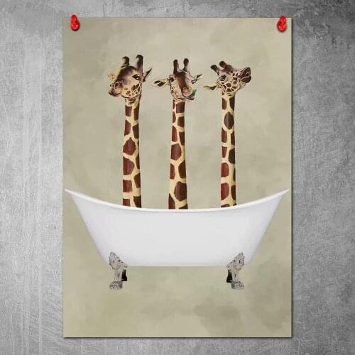 Giraffes In Bathtub Poster Canvas Painting Nordic Wall Art Pictures Living Room Home Decor No Frame Bathroom Decoration
