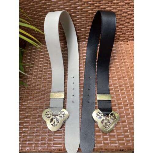 White Black leather Belt Big Gold Metal Buckle Hollow Out Detail Fashion Woman Waist Belts For Dress Coat