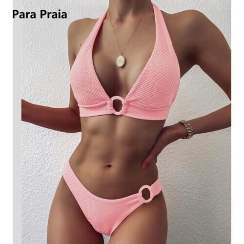 Para Praia Sexy Pink Swimsuit Women Halter Two Piece Suit Keyhole Bikini Set Ring Bathing Suit High Cut Bikini Knot Swimwear