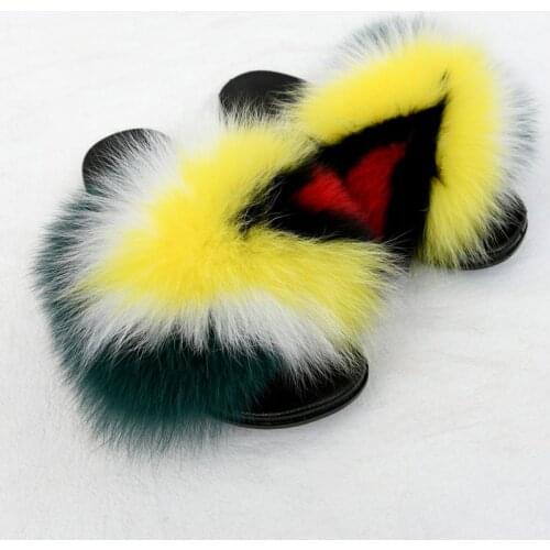 Womens Colorful Fox Fur Slippers Ladies Fashion Fluffy Furry Sandals Girls Soft Plush Slides Female Casual Beach Flip Flops