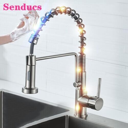 Touch Spring Kitchen Faucet Senducs Brushed Nickel Sensor Pull Out Kitchen Mixer Tap Black Bronze Touch Kitchen Sink Faucets