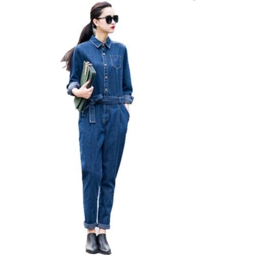 High quality womens long sleeve casual loose denim jumpsuits Ladys fashion BF cowboy blue Nine pants overalls with belt