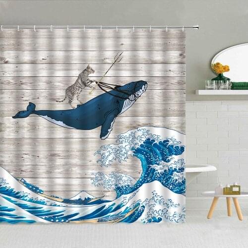 Whale Funny Sea Animals Shower Curtain Cat And Adventure Sea Waves Wood Backdrop Bath Decor Dolphin Mermaid Hooks Curtains Fish