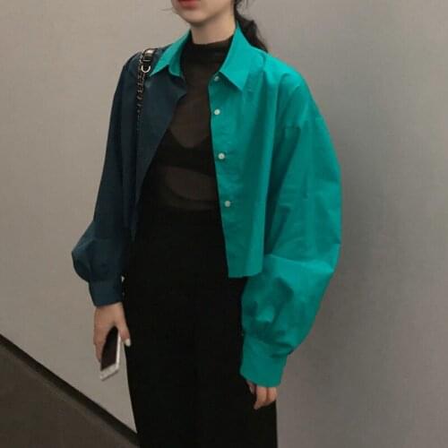 Womens Blouse Contrast Color Polo Collar Single-breasted Long Sleeves Short Shirt Wholesale 2021 Fashion Vintage Lady Clothing